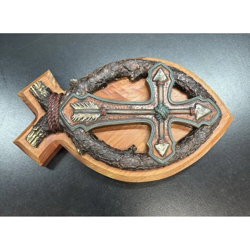 Wood-Resin Cross/ Fish Design  Religious Christian Decor